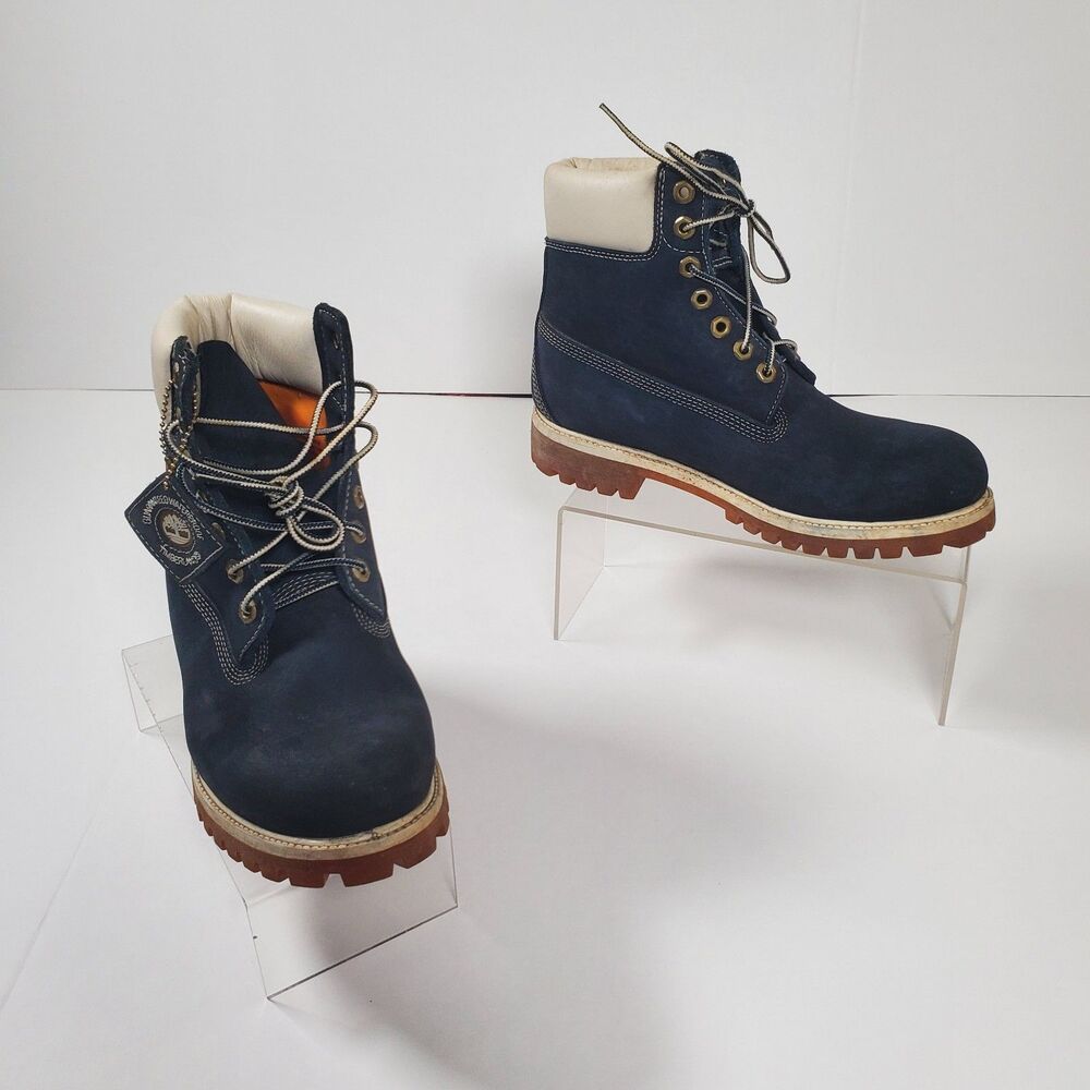 Timberland Men’s Premium 6-Inch Waterproof Boots 8.5M Navy Nubuck White Collar - Picture 2 of 16